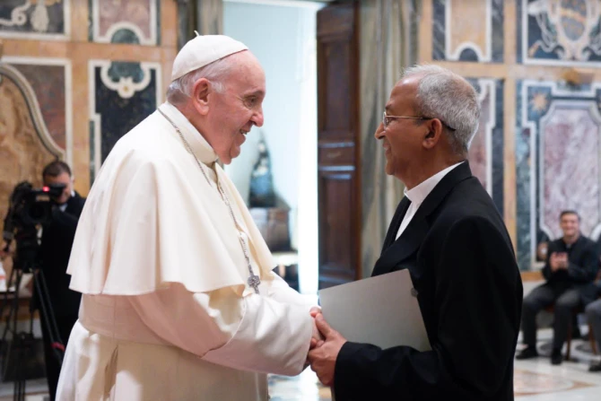 Pope Francis greets Fr. Mathew Vattamattam, superior general of the Claretian Missionaries, at the Vatican, Sept. 9, 2021
